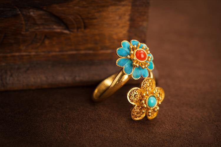 Natural Red Agate Ring Double Flower Hetian Jade Ring Vintage Court Style