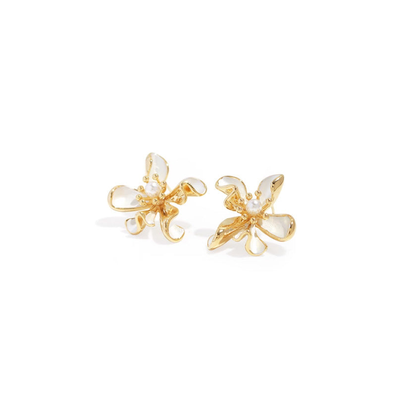 18K gold-plated enamel Pearl flower stud earrings