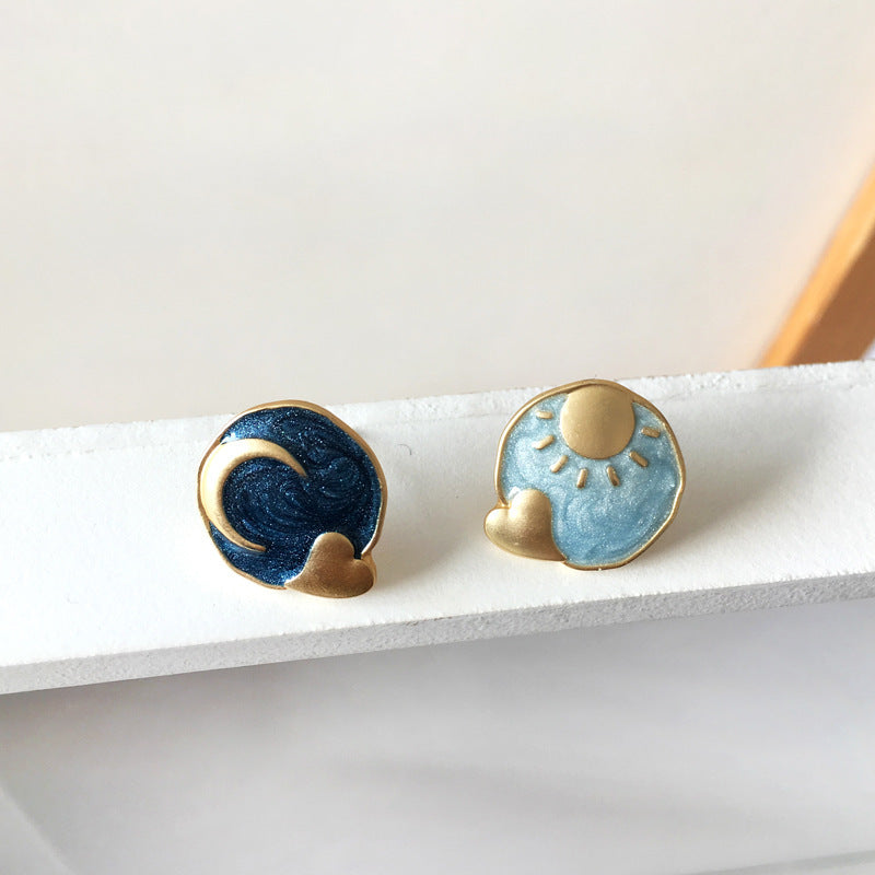 Sun Moon Round Oil Drop Silver Needle Earrings