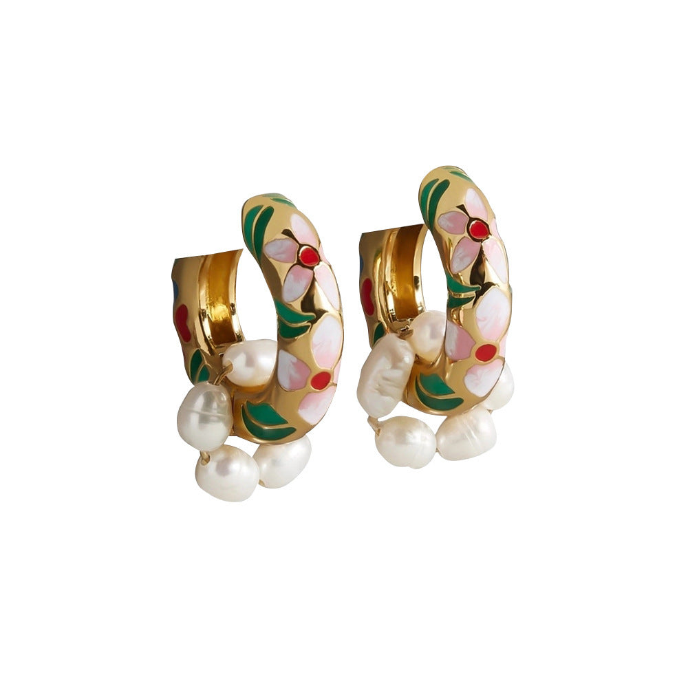 Gold plated Inlaid Enamel Pearl earrings