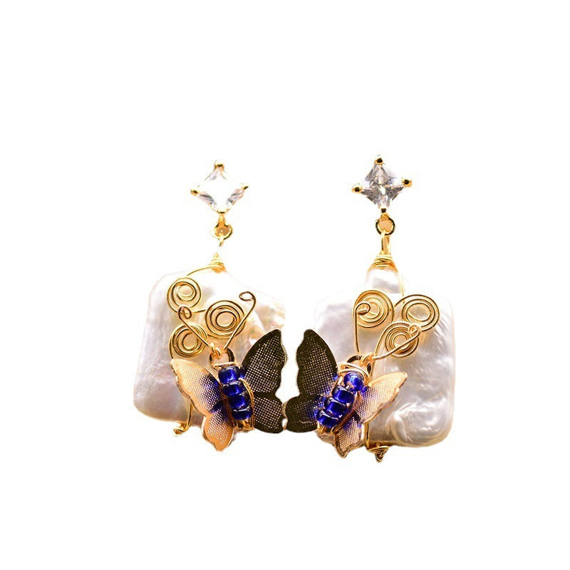 Original 925 Silver Natural Baroque Square Pearl Animal Butterfly Earrings