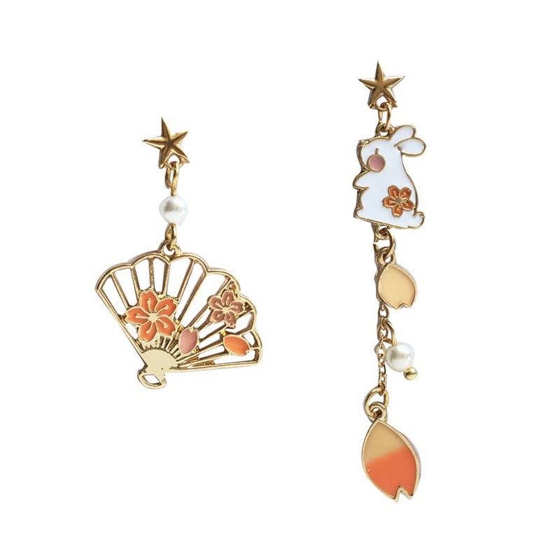 Antique Cherry Blossom Cat Rabbit Fan Asymmetrical Earrings