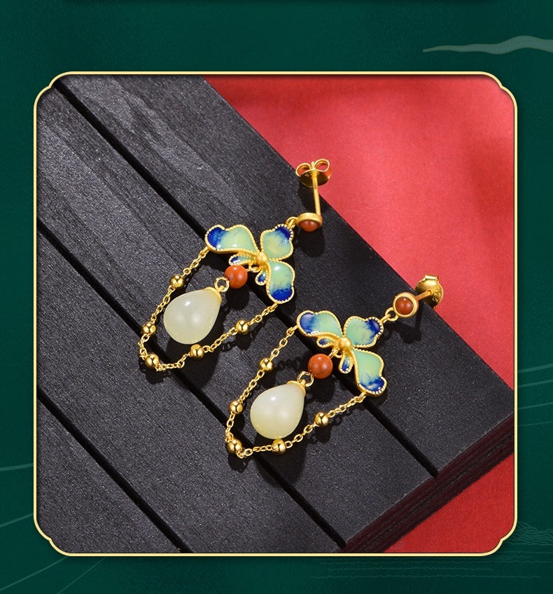 Retro Chinese Style Hetian Jade S925 Silver Earrings Sense