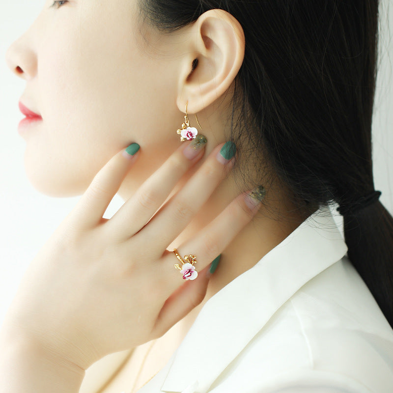 Sweet Style Phalaenopsis Series Hand Painted Enamel Flowers Silver Pin Earrings Ear Hook Wild