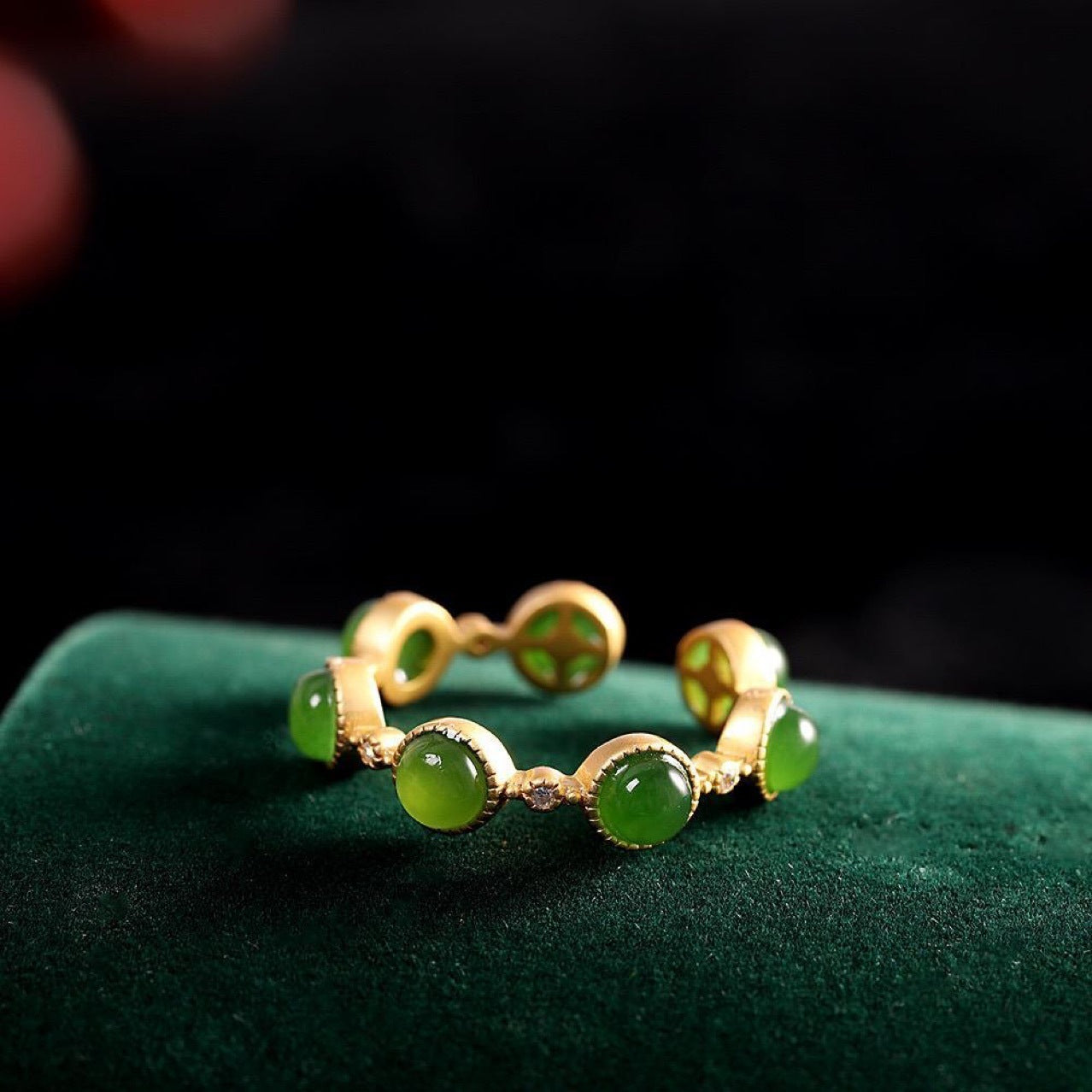 14k Gold plated Green Hetian Jade Imitation Tourmaline Adjustable Ring