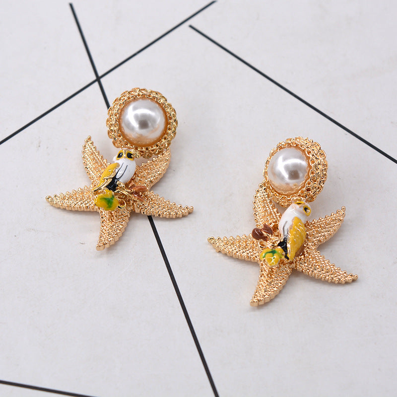 Enamel Starfish Pearl Fashion Earrings