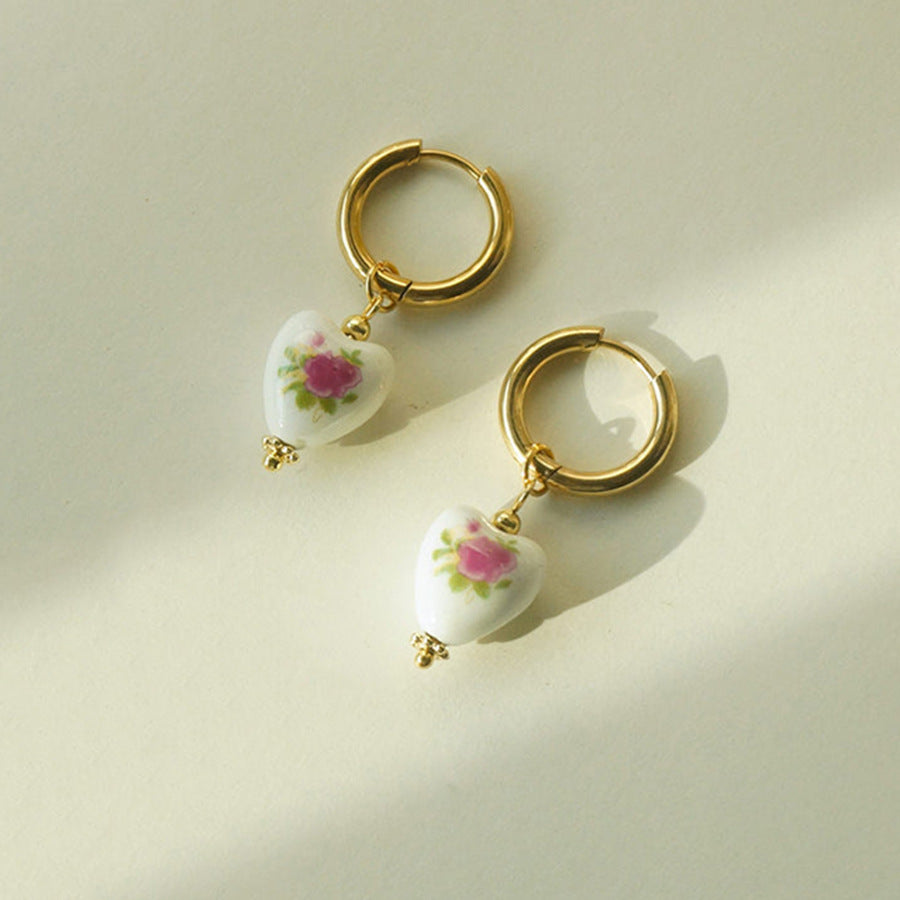 Heart-shaped Blue & White Porcelain Necklace Titanium Steel Elegant Wild Earrings