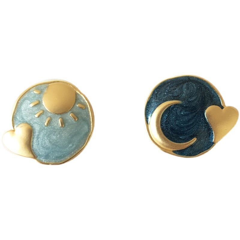 Sun Moon Round Oil Drop Silver Needle Earrings