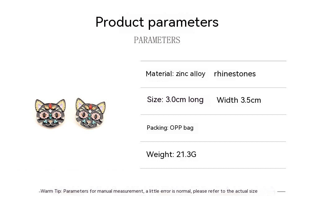 Creative Fashion Oil Dripping Color Black Cat Rhinestone-encrusted Earrings