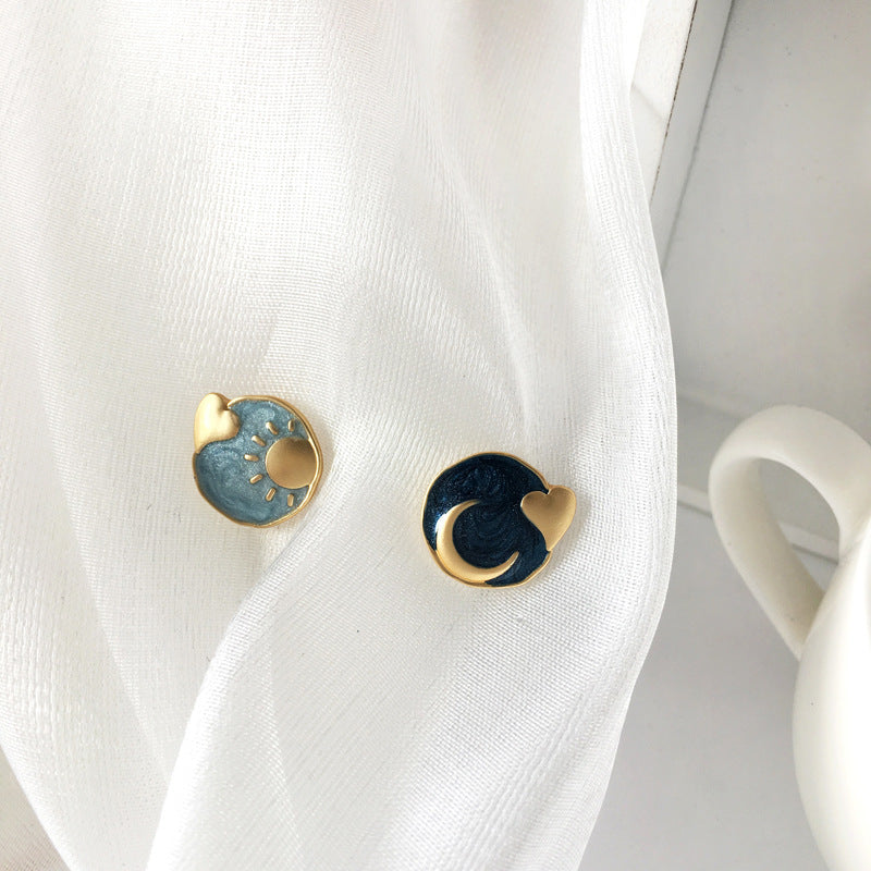 Sun Moon Round Oil Drop Silver Needle Earrings