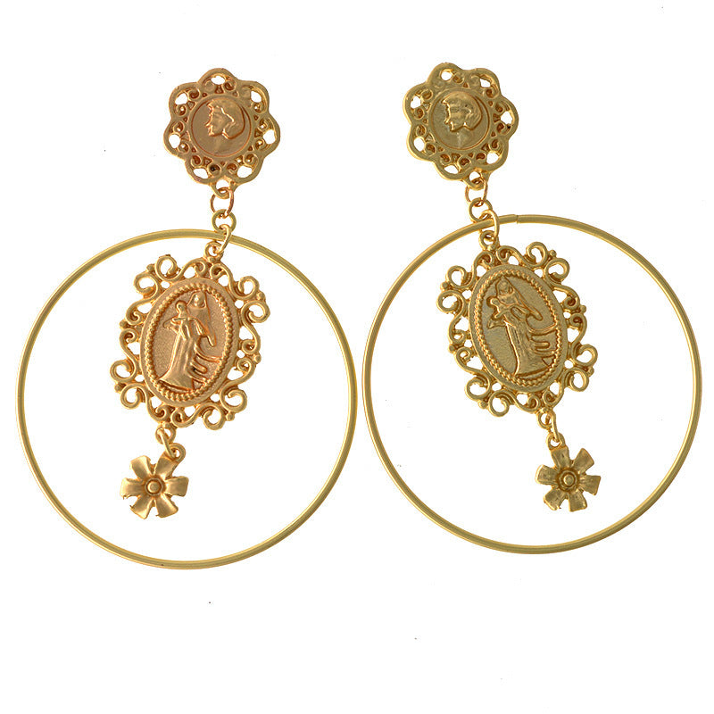 Baroque Head Coin Hoop Earrings Exaggerated