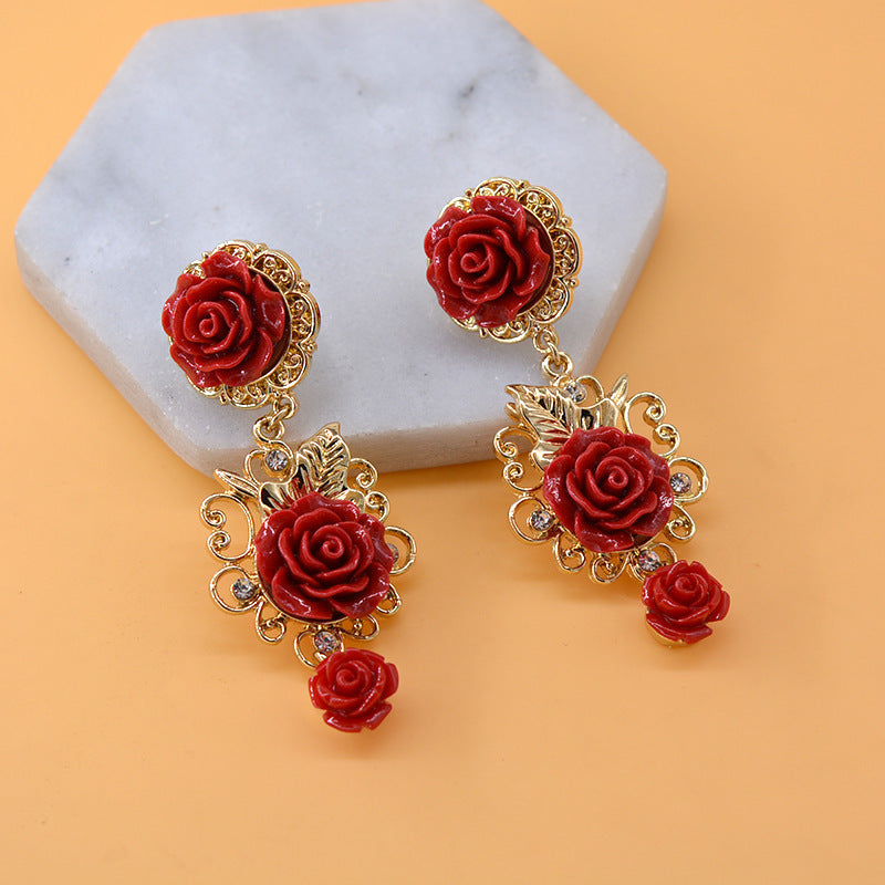 Baroque Vintage Court Style Fashion Red Earrings Women