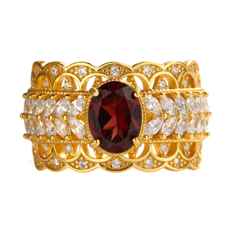 Gold plated S925 Sterling Silver Inlaid Pomegranate Vintage Lace Ring