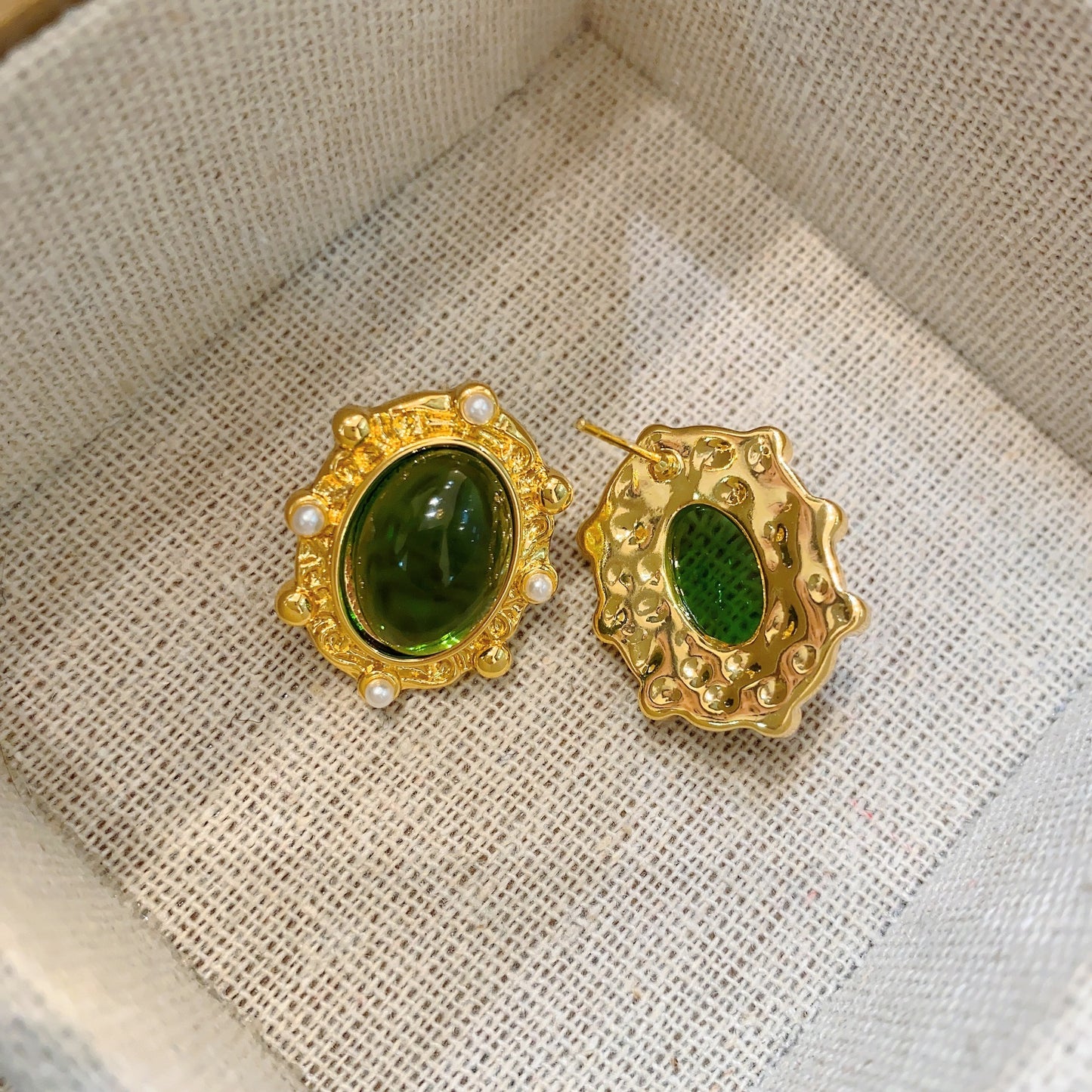 Vintage Ornament Gold Plated Grandmother Gemstone Green Glaze Earrings