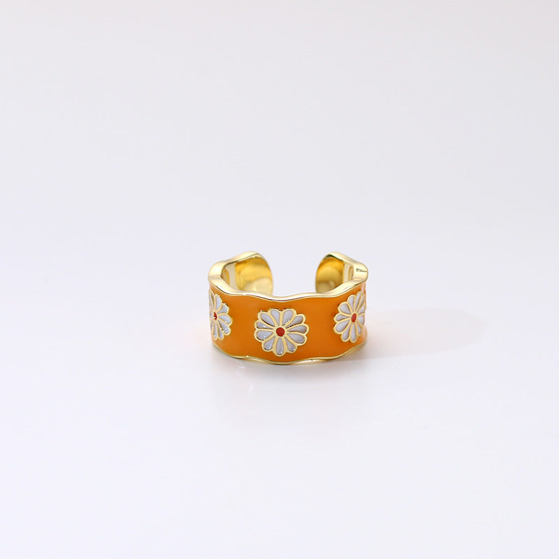 Vintage Enamel Oil Drop Daisy Adjustable Fashion Ring