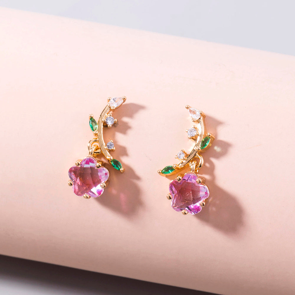 Plum blossom zircon leaf flower fashion earrings