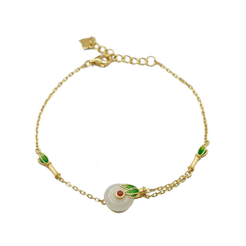 Ancient Gold Plated S925 Silver Inlaid Hetian Jade Enamel Hand Painted Bracelet