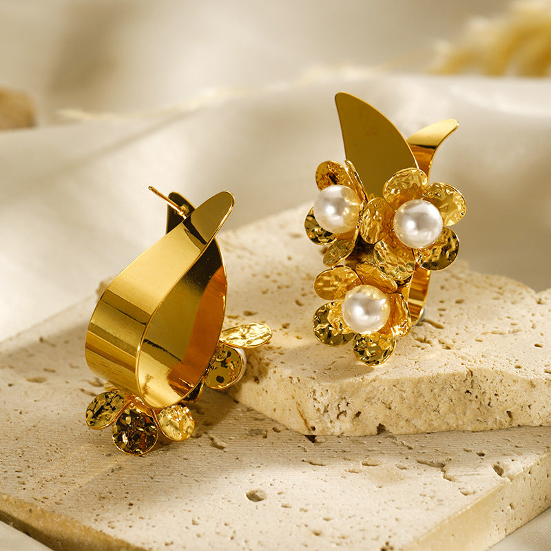 Gold plated Stainless Steel Flower Pearl Stud Earrings