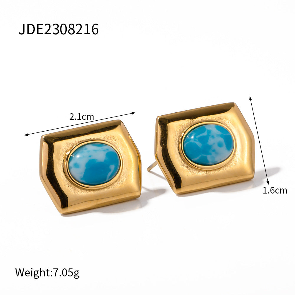Gold Plated Stainless Steel Sea-pattern Stone Earrings