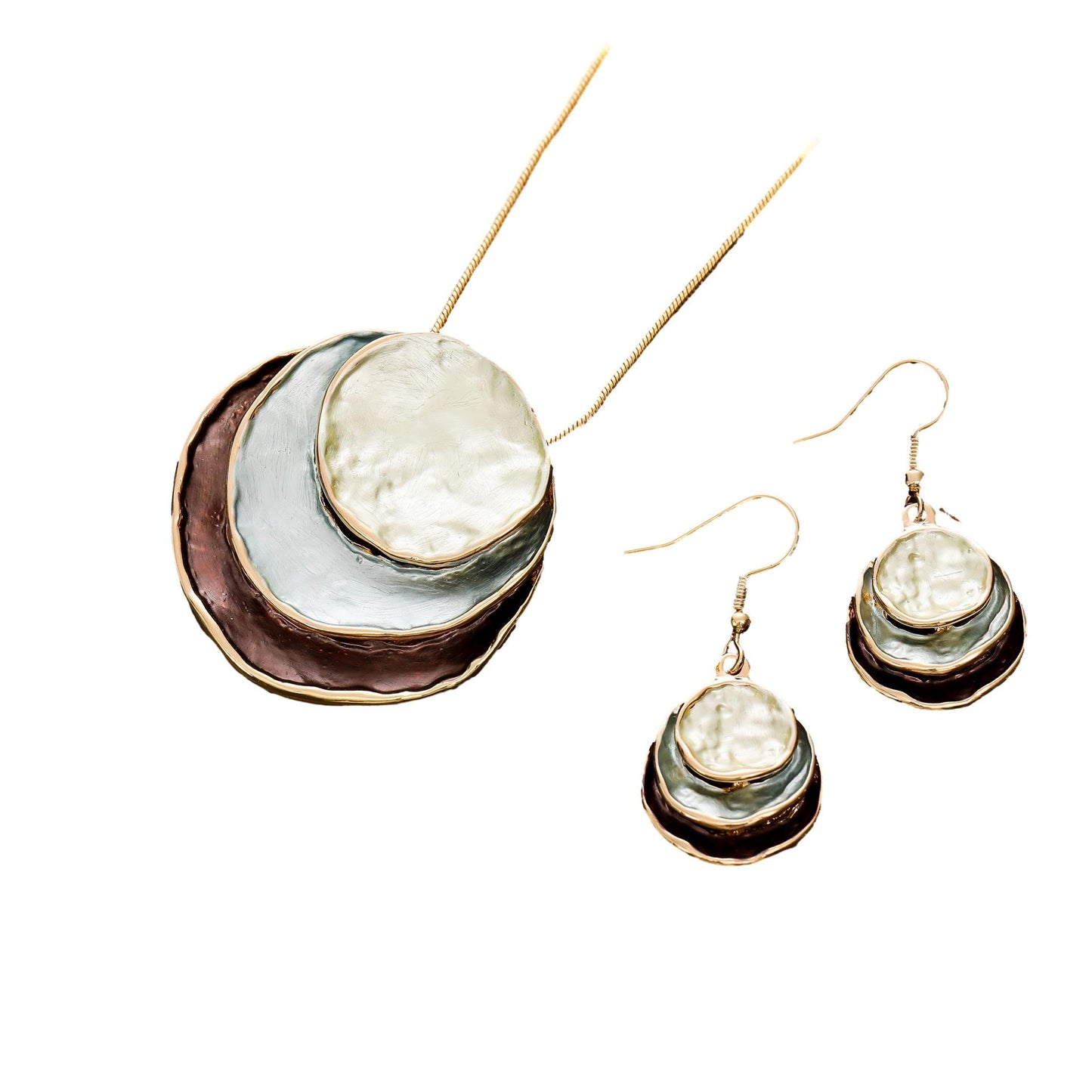 Ensemble de boucles d'oreilles et collier avec pendentif creux à trois couches et peinture à l'huile en couleur