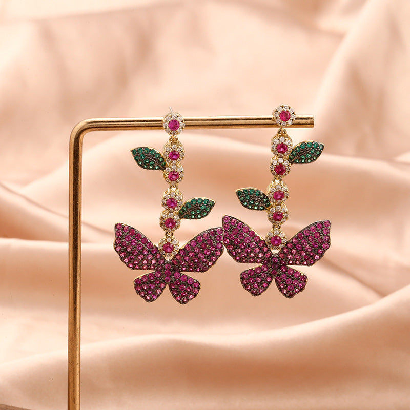 Butterfly Micro-inlaid Zircon Leaf Flower Long Tassel Earrings