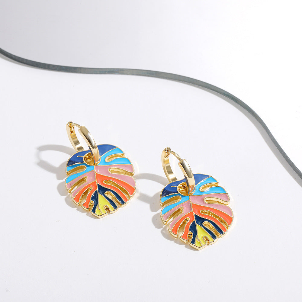 Enamel Dripping Oil Star Leaf Earrings