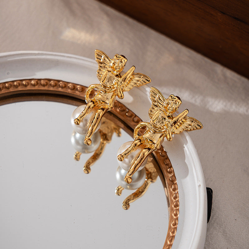 Gold plated Vintage Angel Pearl Fashion Alloy Earrings