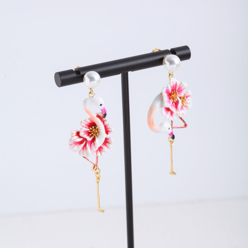 Mori Style Hand Painted Enamel Glaze Flamingo Fashionable Earrings