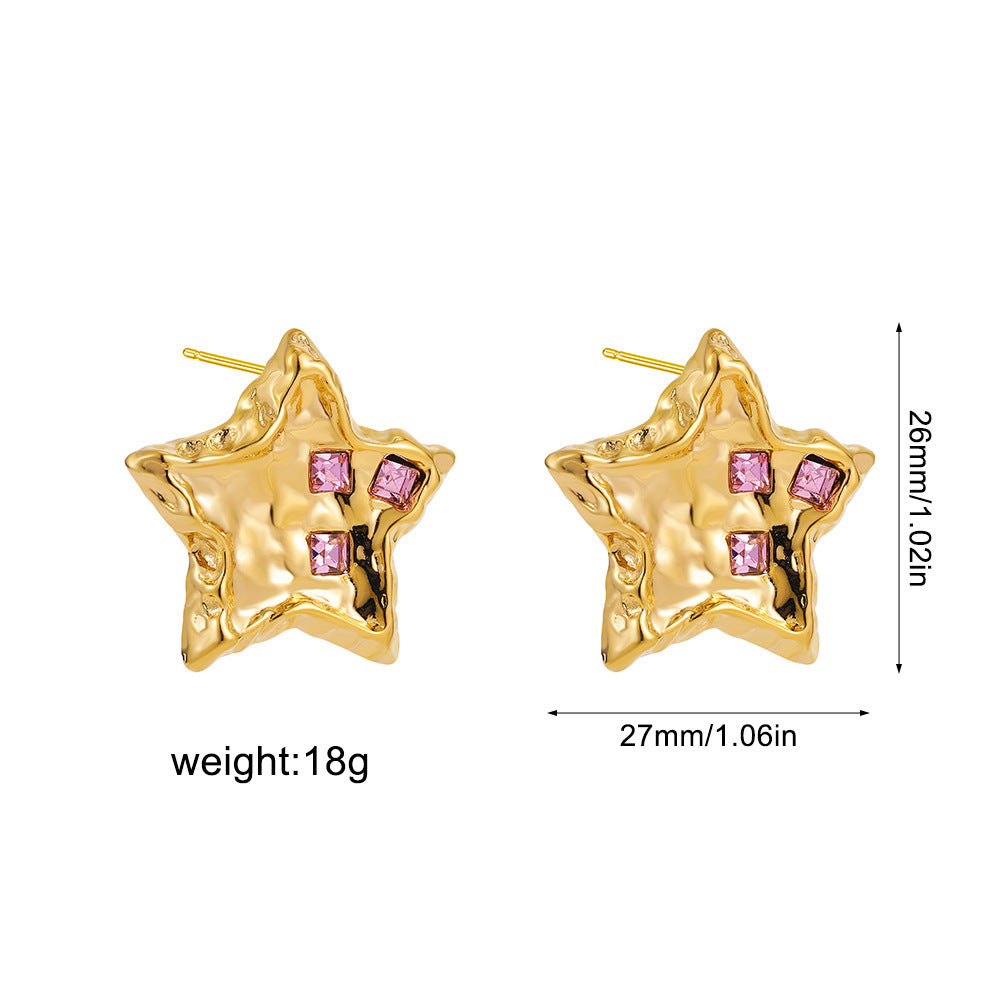 Retro Style Five-pointed Star Stainless Steel Earrings With Inlaid Crystal