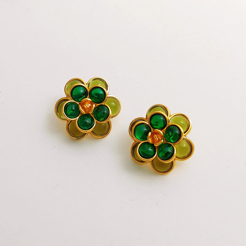 Art Nouveau Gold Plated Silver Green Flower Silver Needle Earrings