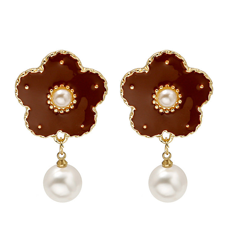 French Baroque Vintage Flower Pearl Drip Oil Earrings