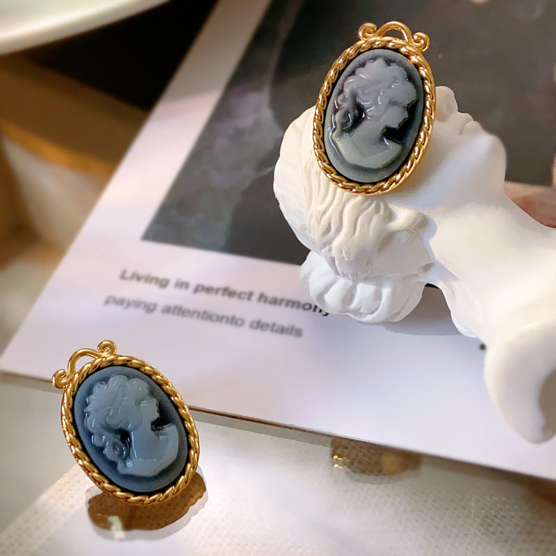 Baroque Camé Aristrocacy Face Oval Handmade Stud Earrings
