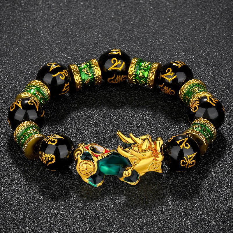 Gold plated Enamel Tai Pixiu Obsidian Bracelet