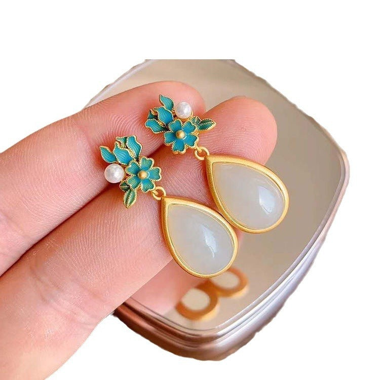 White Jade Drop-shaped Long Earrings