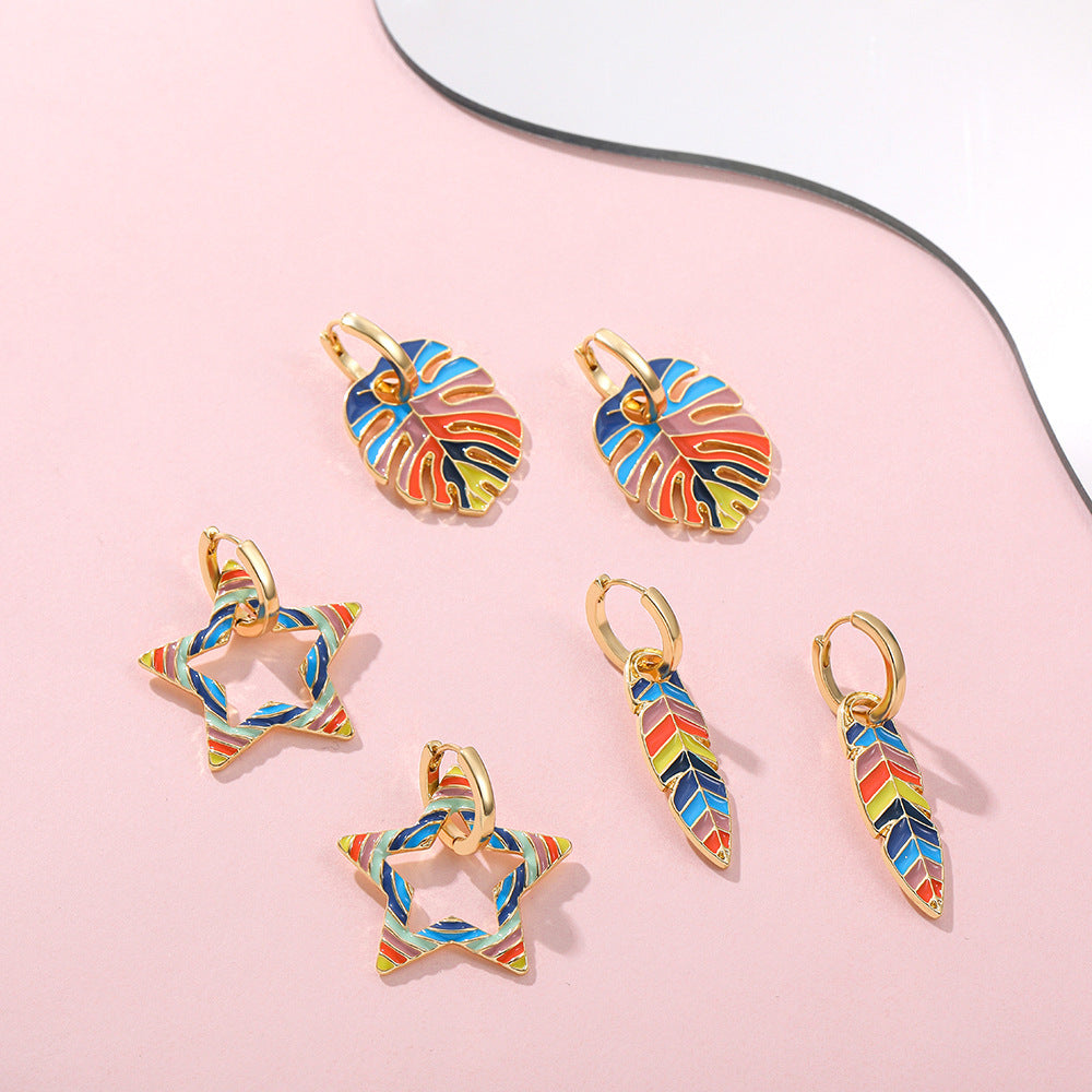 Enamel Dripping Oil Star Leaf Earrings
