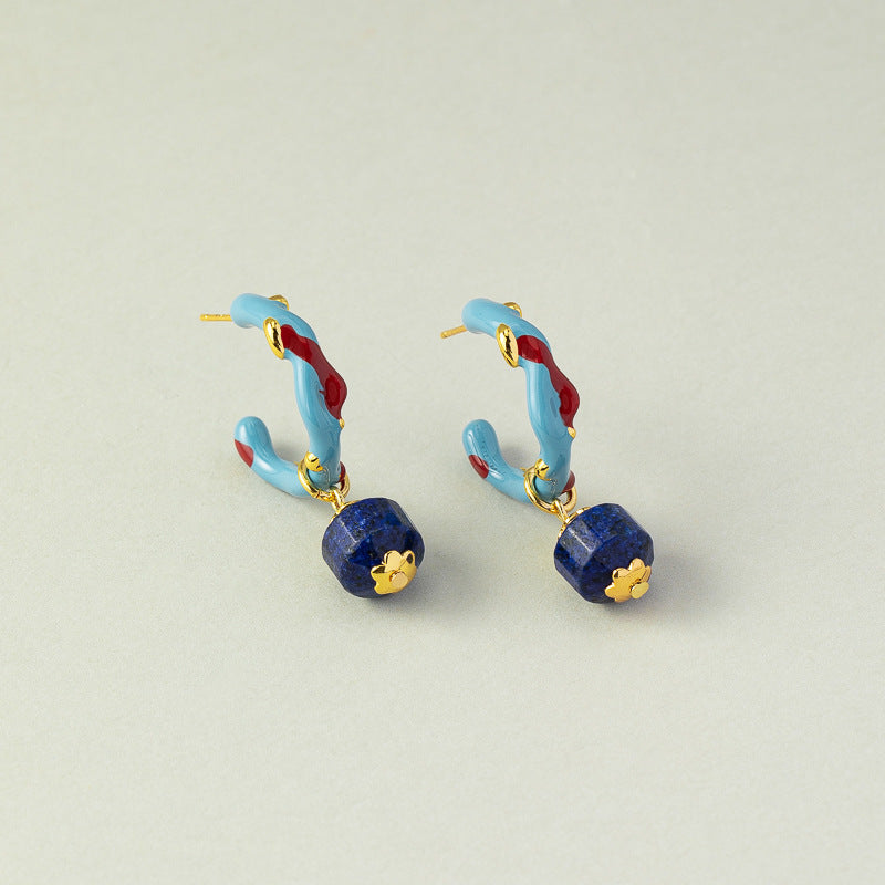 Coral Enamel Glaze Natural Lapis Lazuli Earrings