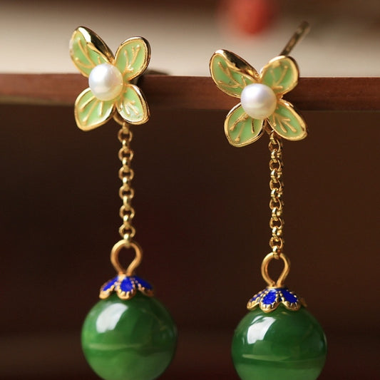 Natural Hetian Jade Jasper Chinese Style Enamel Earrings