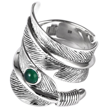 S925 Inlaid Green Agate Feather Ring