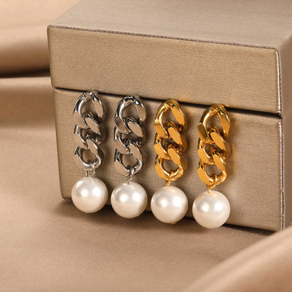 Women's Stainless Steel Pearl Cuban Chain Earrings