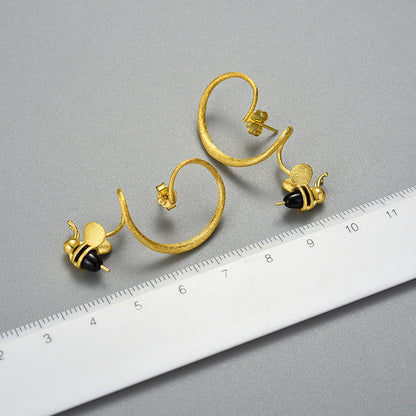 Handmade S925 Sterling Silver Curved Long Bee Earrings