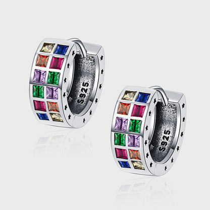 Boucles d'oreilles carrées en argent sterling S925 avec zircon arc-en-ciel coloré