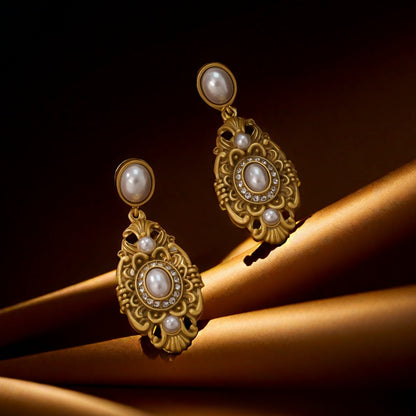 Retro Alloy Pearl Old Gold Silver Earrings