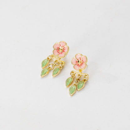 Enamel Drop Oil Peach Blossom Leaf-shapepd Stud Earrings