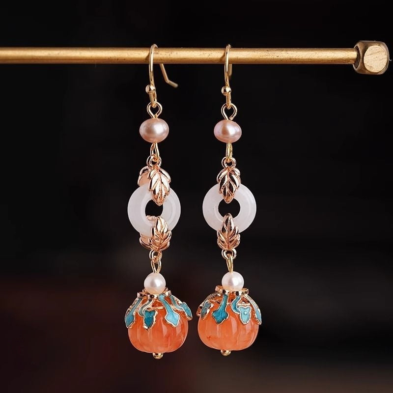 Boucles d'oreilles élégantes en perles de citrouille orange de style ethnique chinois