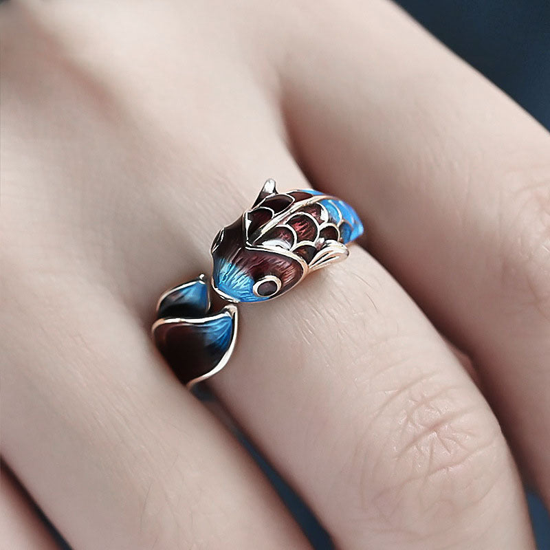 Bague faite main en émail bleu brûlé