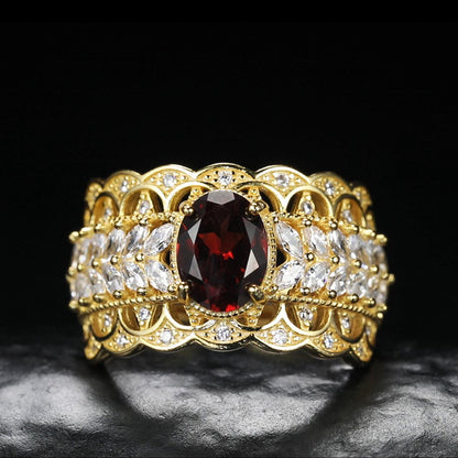 Gold plated S925 Sterling Silver Inlaid Pomegranate Vintage Lace Ring
