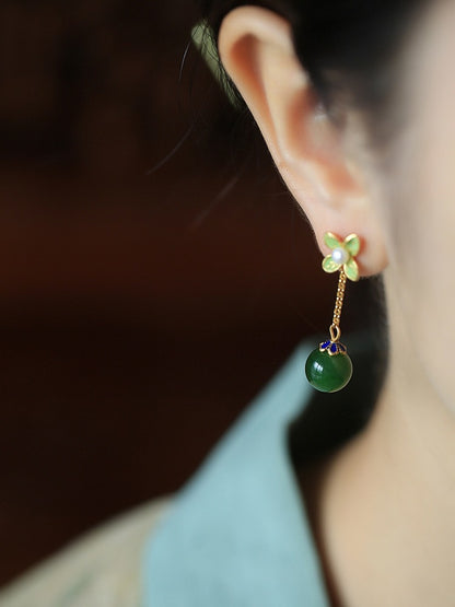 Natural Hetian Jade Jasper Chinese Style Enamel Earrings