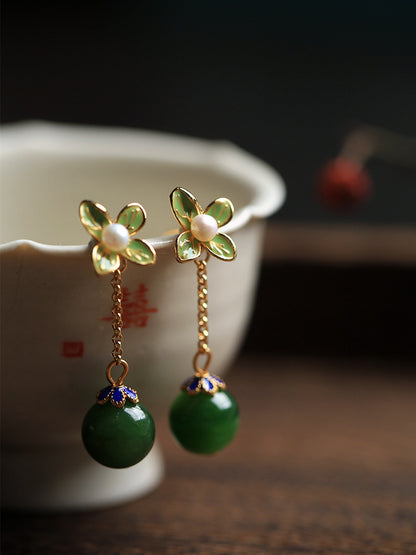 Natural Hetian Jade Jasper Chinese Style Enamel Earrings