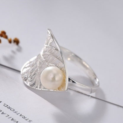 S925 Sterling Silver Lotus Leaf Pearl Ring