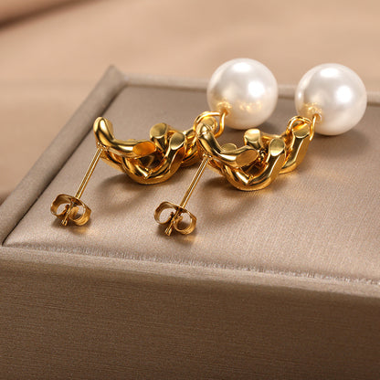 Women's Stainless Steel Pearl Cuban Chain Earrings